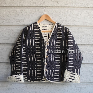 Handmade Black and White 100% Cotton Quilted Reversible Women&#39;s Jacket