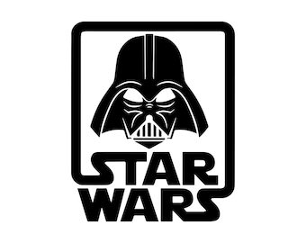 May include: Black and white illustration of Darth Vader's helmet inside a square frame with the text "STAR WARS" below.