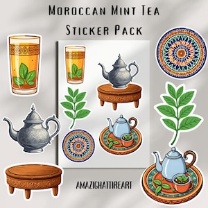 Pacchetto di adesivi per tè alla menta marocchino - Download digitale / Teiera marocchina tradizionale, bicchiere da tè, foglie di menta, motivi Zellij Clipart