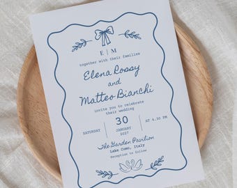 Wedding Invitation Card Template, 5x7 Printable Invitation Card, Blue Modern Minimalist Wedding Invite, Editable Canva Template