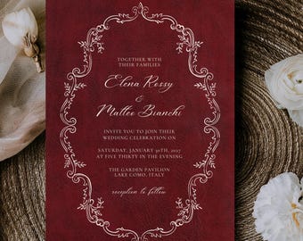 Luxury Old Money Wedding Invitation Template, Burgundy Wedding Invite Bundle, Invitation Suite, Save the Date Template, Digital Download