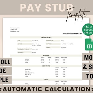 Easy To Use Paystub Template For Small Business, Customizable Paystub Template With Automatic Calculation, Printable Earnings Statement