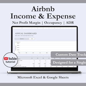 Puede incluir: Una pantalla de portátil que muestra un panel anual de ingresos y gastos de Airbnb para Microsoft Excel y Google Sheets. La interfaz incluye márgenes de beneficio neto, ocupación, ADR y seguimiento de fechas personalizado para una unidad.