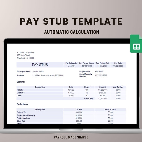 Easy To Use Paystub Template For Small Business, Editable Paystub Template With Automatic Calculation, Printable Earnings Statement