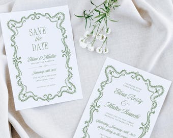 Sage Green Wedding Invitation Template, Vintage Wedding Invite Bundle, Invitation Suite, Save the Date Canva Card Template, Digital Download