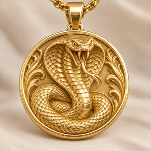 Puede incluir: Un colgante circular de tono dorado que presenta un relieve detallado de una cobra con la capucha desplegada, colmillos expuestos y lengua bífida. La serpiente está enroscada dentro del marco, rodeada de volutas decorativas y una cadena.