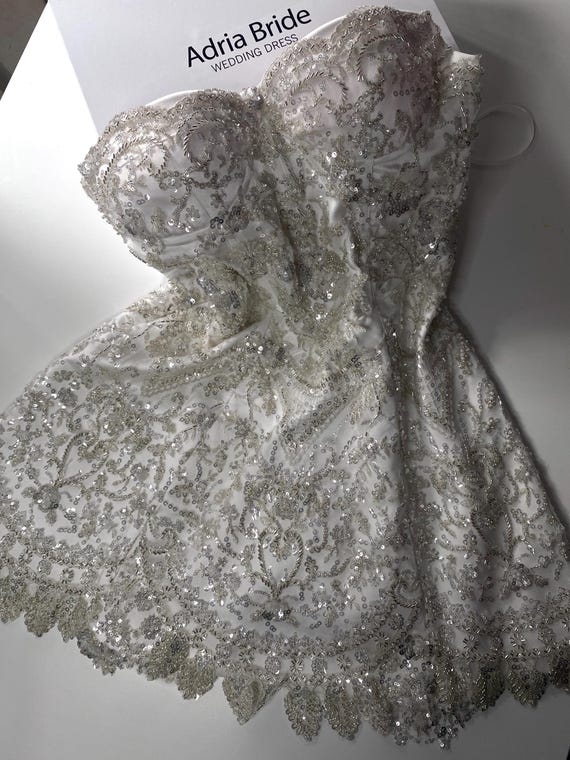 corset bra dress POSIE BRIDE - Wedding Dress, Strapless Basque waist Corset, Bra Cups, Satin embossed floral Gown XS