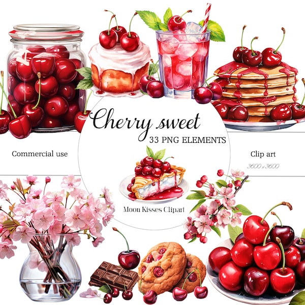 Cherry clipart: Cherry blossom, Cherry jam, Cherry pie, Cherry cupcake – Instant download, Digital stickers, Scrapbooking, Clipart