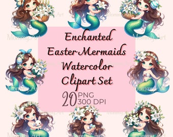 Enchanted Easter Mermaids Clipart Set - 20 Watercolor PNG Files, High-Resolution Magical Mermaid Illustrations for Spring Crafts & Decor