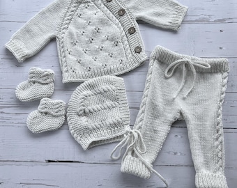 Organic Cotton Knit Newborn Outfit, Cardigan, Bonnet & Booties