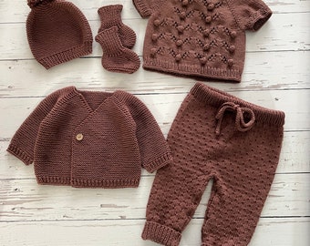 5 piece Knitted Baby Home Coming Outfit, Newborn Organic Cotton Baby Clothes, Baby Cardigan Set