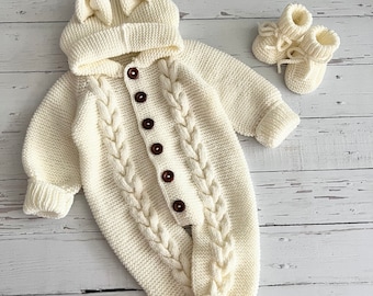 Hand Knitted Baby Romper, Newborn Baby Clothes, Handmade Baby Gift, Baby  Winter Outfit, Unisex Handmade Knit Baby Jumpsuit