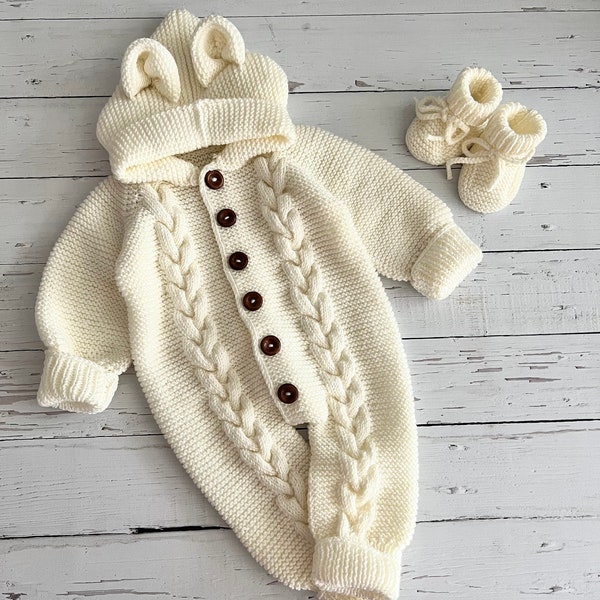 Hand Knitted Baby Romper, Newborn Baby Clothes, Handmade Baby Gift, Baby Winter Outfit, Unisex Handmade Knit Baby Jumpsuit