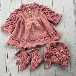 Knitted Pink Baby Girl Dress, Hand Knit Baby Girl Clothing Gift, Cotton Baby Clothes, Girls Handmade Outfit