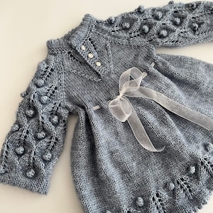 Knitted Baby Girl Denim Look Lace Dress , Hand Knit Clothing Gift, Hand Knit Baby Clothes