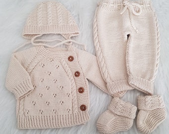 Knitted Organic Cotton Baby Outfit, Cardigan Set with Bonnet and Booties