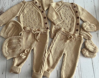 Organic Cotton Knitted Baby Outfit, Cardigan Set, Bonnet and Booties