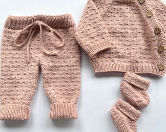 Organic Cotton Knit Baby Outfit, Cardigan, Pants & Booties