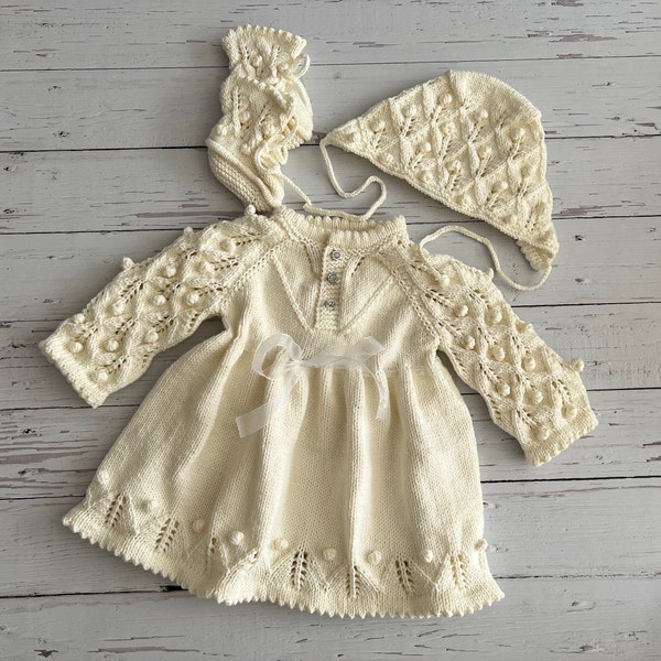 Knitted Baby Girl Cardigan Dress Set, Hand Knit Clothing Gift, Cotton Hand Knit Baby Clothes