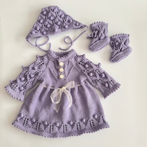 Knitted Baby Girl Dress Set, Hand Knit Clothing Gift, Cotton Hand Knit Baby Clothes, Purple Baby Girl Dress