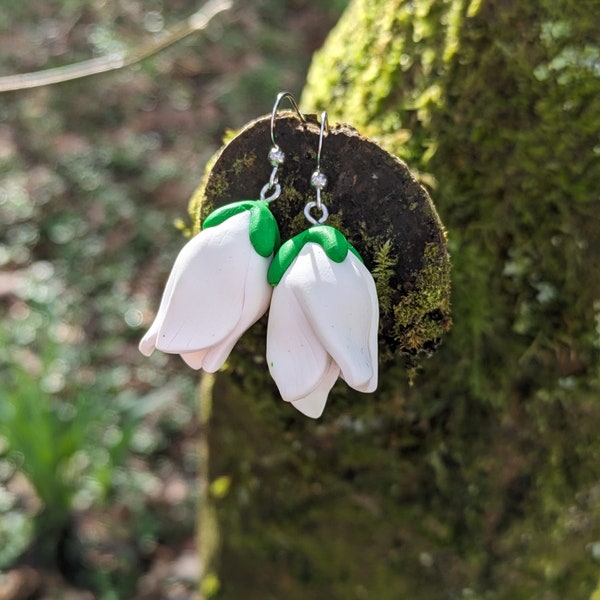 Snowdrop Flower Dangle Earrings, Mini Wearable Sculpture, Spring, Statement Florals, Stainless Steel