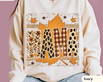 Fall Mama Sweatshirt, Leopard Plaid Autumn Mom Crewneck, Floral Patchwork Mama Sweater, Thanksgiving Gift