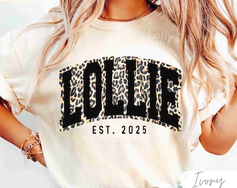 LOLLIE Est. Custom Year Reveal Shirt For Grandma COMFORT COLORS® Cheetah Print Cute Lolli Varsity Tee Lollie To Be Tshirt Announcement Gift
