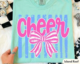 Preppy Cheer Bow Shirt, COMFORT COLORS® Stripes T-shirt, Coquette Cheer Season Tee