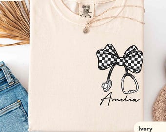 Custom Nurse Shirt Comfort Colors® Stethoscope Nurse Checkered Bow Nurse Pocket Shirt  Cute Gift for RN LPN Nursing Student Graduation Gift