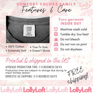 May include: A Comfort Colors garment tag on a dark grey fabric with care instructions including machine wash cold, tumble dry low, do not bleach, do not iron on print, and do not dry clean. Text notes 100% cotton, true to size, and doesn't shrink.