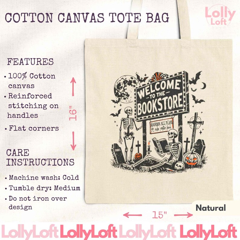 May include: Natural cotton canvas tote bag, 16 inches tall and 15 inches wide, featuring a Halloween-themed design. The design includes skeletons, a full moon, bats, and a sign that reads "Welcome to the Bookstore". The bag has reinforced stitching and flat corners.