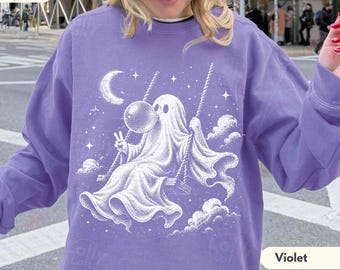 Bubblegum Ghost Sweatshirt, Cute Ghost on a Swing Crewneck, Celestial Halloween Sweater, Spooky Season Gift