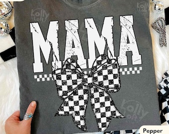Checkered Mama Bow Shirt Comfort Colors® Shirt Coquette Checkered Bow Trendy Mama Gift For New Mama Retro Mom Tshirt Mothers Day Shirt Tee
