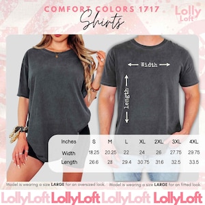 May include: Two charcoal gray Comfort Colors 1717 shirts. The image includes a size chart with measurements in inches for width and length, ranging from S to 4XL. The text "Shirts" is displayed at the top.