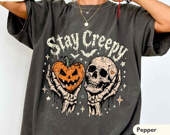 Stay Creepy Shirt, Skull and Pumpkin Halloween Tee, Gothic Spooky Season Shirt, Comfort Colors Halloween Tee