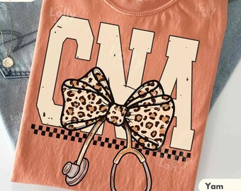CNA Leopard Nurse Shirt Bow Shirt Comfort Colors Certified Nurse Assistant Gift Stethoscope Bow Checkered Student Nurse Graduation Tee