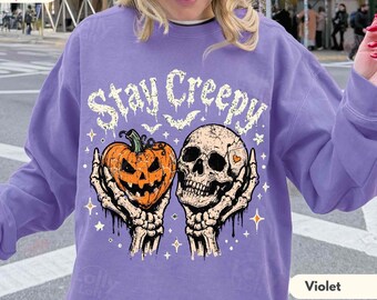 Stay Creepy Sweatshirt, Skull and Pumpkin Halloween Crewneck, Gothic Spooky Season Sweater, Creepy Gift