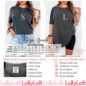 May include: Two women model gray Comfort Colors shirts, one in size S and the other in size L. The image includes a size guide with measurements in inches, and details about the shirts, including 100% cotton and true to size.