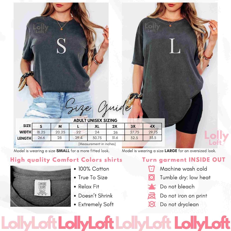 May include: Two women model gray Comfort Colors shirts, one in size S and the other in size L. The image includes a size guide with measurements in inches, and details about the shirts, including 100% cotton and true to size.