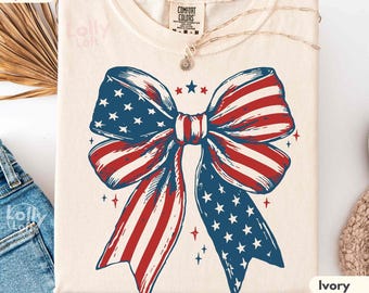 American Flag Bow Shirt COMFORT COLORS® Coquette Bow 4th Of July Girly Shirt Tshirt Retro Cute Patriotic American Flag Shirts For Women