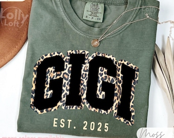GIGI Est. Cheetah Print Custom Reveal Shirt COMFORT COLORS® Cute Gigi Varsity Tee Grandma To Be Custom Year Announcement Gift Gigi Tshirt