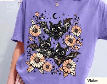 Floral Bat Shirt, Cute Gothic Halloween Tee, Bat Graphic Shirt, Comfort Colors Spooky Season Tee