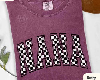 Retro Nana Checker Shirt COMFORT COLORS® Personalized Checkered Nana Grandmother Race Tshirt Custom College Text Checkered Name Gift Tee