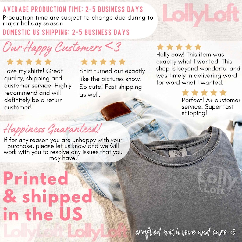 以下が含まれることがあります： Lolly Loftのロゴと「crafted with love and care」の文字が入ったグレーのTシャツが、青いジーンズの上に折りたたまれています。画像には、顧客レビューと発送に関するテキストも含まれています。