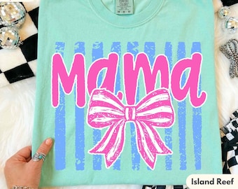 Preppy Mama Bow Shirt, COMFORT COLORS® Stripes T-shirt, Coquette Bow Tee