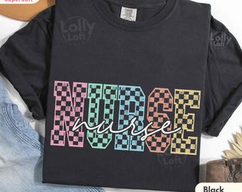 Custom Checkered Nurse Shirt COMFORT COLORS® Cute Nurse Shirt Pastel Nurse Shirt Personalized Nurse Tshirt rn Nurse Gift lpn Gifts lvn Tee