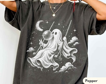 Bubblegum Ghost Shirt, Cute Ghost on a Swing Tee, Vintage Celestial Halloween Shirt, Comfort Colors Spooky Tee
