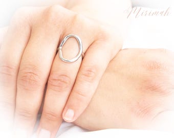 May include: A silver ring with a simple oval shape. The ring is worn on a person's finger.
