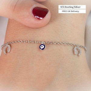 Sterling Silver Adjustable Dainty Bracelet, Evil Eye and Horseshoe Lucky Charms, Christmas Protection and Luck Gift for Her