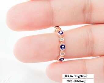 Rose Gold Evil Eye Sterling Silver Ring: Adjustable Zirconia Enamel